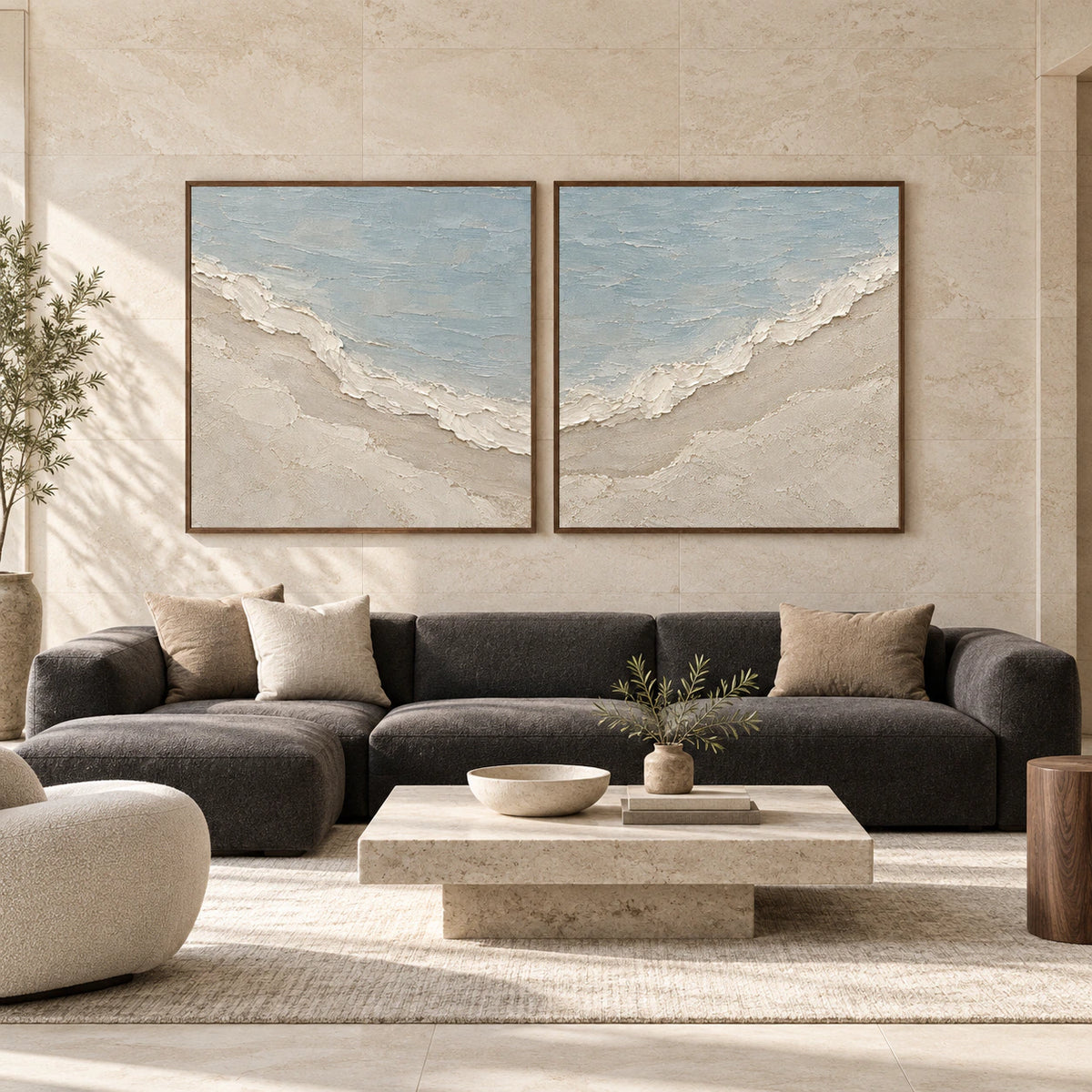 Large straight-on architectural room with the Shoreline-Relief square diptych displayed at an impressive scale.