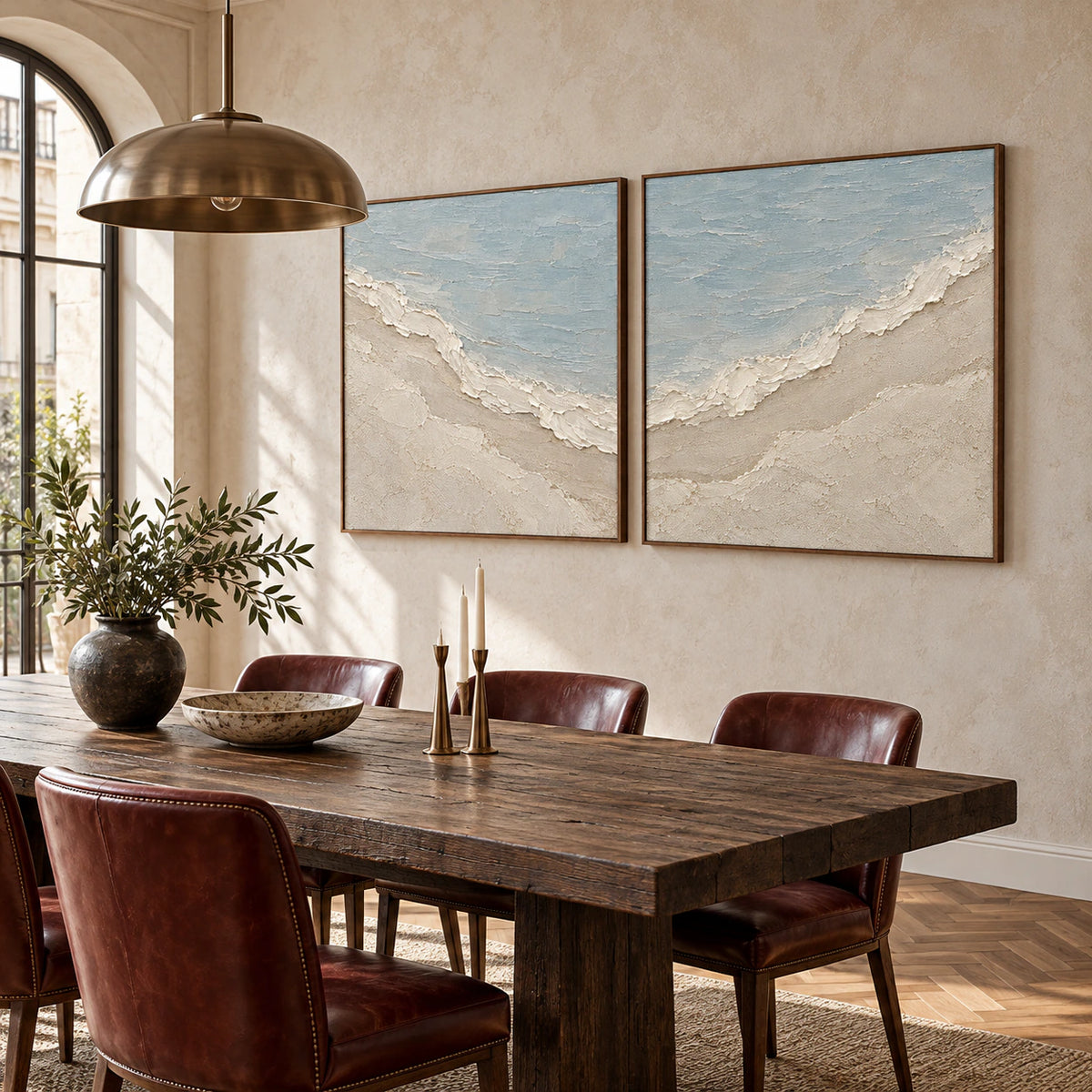 Shoreline-Relief diptych in a refined daylight dining room.
