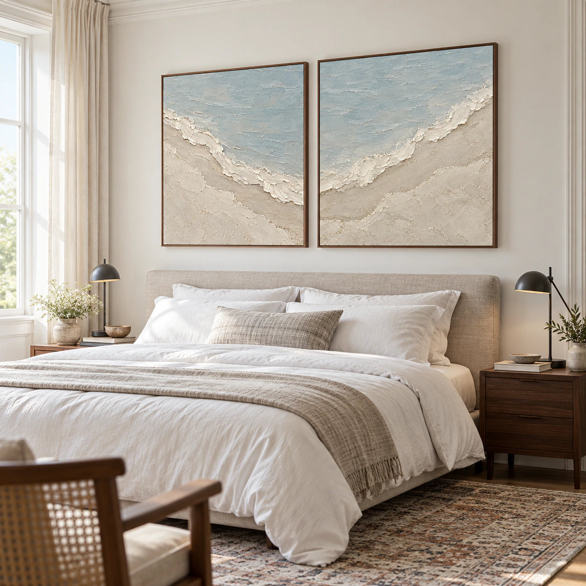 Shoreline-Relief diptych in a quiet, softly lit bedroom.