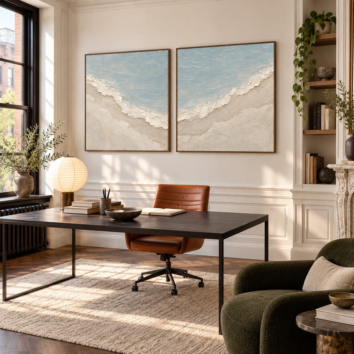 Shoreline-Relief diptych in an airy home office reading space.