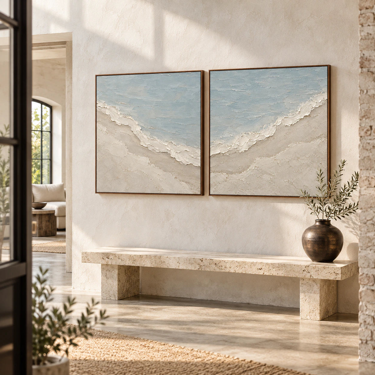 Shoreline-Relief diptych at gallery scale in a luminous foyer.