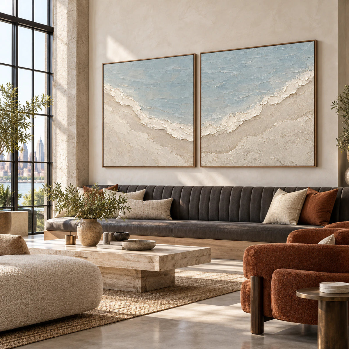 Shoreline-Relief diptych in an expansive daylight loft hospitality interior.