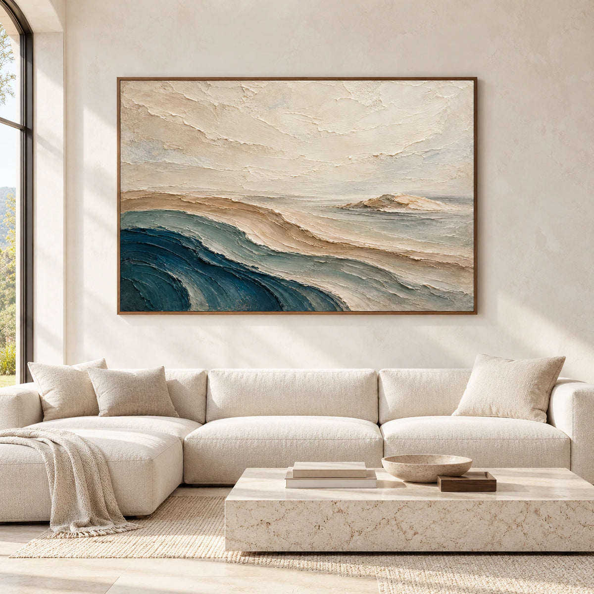 Large horizontal abstract landscape with cream, sand and blue-green layers centered on a wall in a spacious, bright interior.