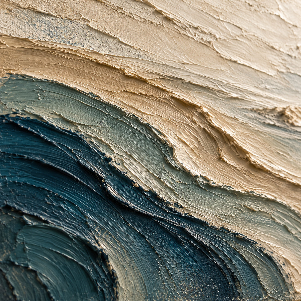 Shoreline-Veil oil painting brushwork and impasto detail photographed from an oblique side angle
