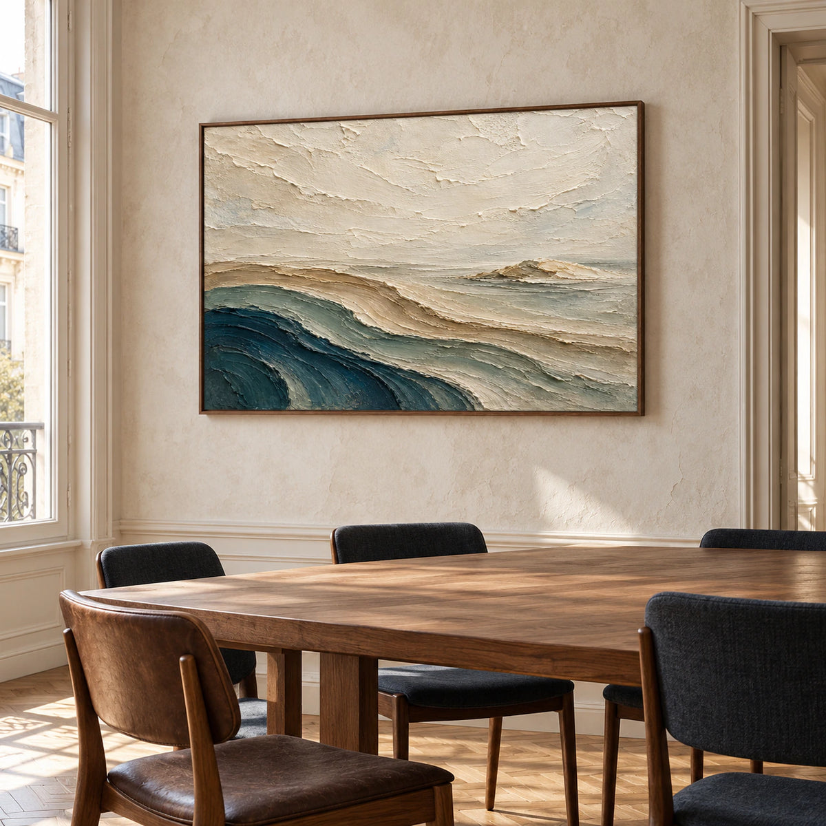 Textured abstract landscape displayed prominently in a refined dining room with a long table and soft daylight.