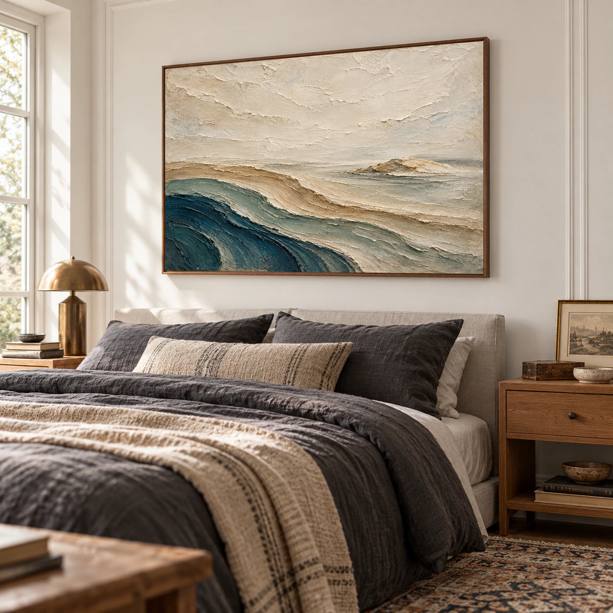 Cream, sand and blue-green abstract landscape above a quiet bedroom setting in gentle daylight.