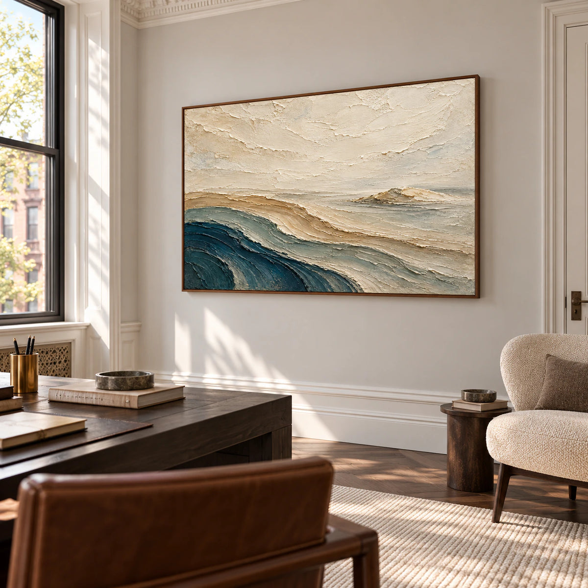 Large abstract landscape as the focal point of an airy home office with a desk and open natural light.