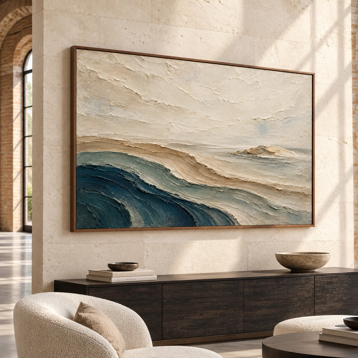 Horizontal textured landscape displayed at scale in a bright, spacious foyer with architectural lines.