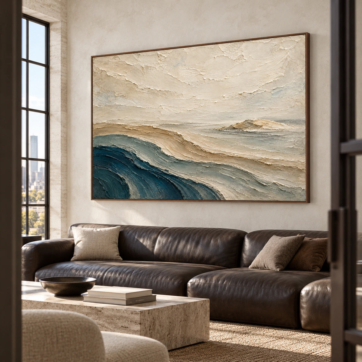 Large abstract landscape anchoring an expansive loft interior with generous windows and restrained furnishings.