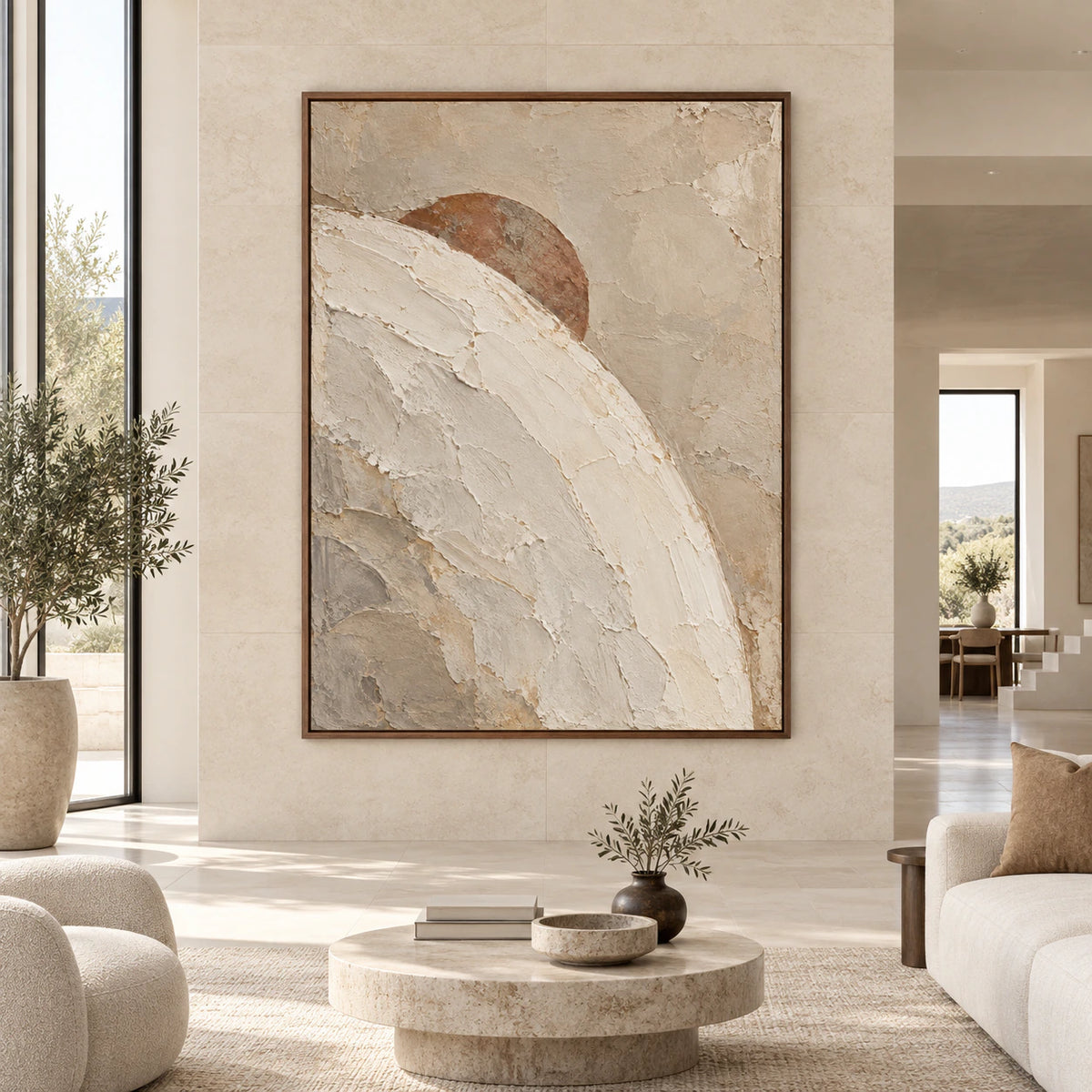 Large vertical Sienna-Arc painting shown straight-on in a bright expansive architectural living space.