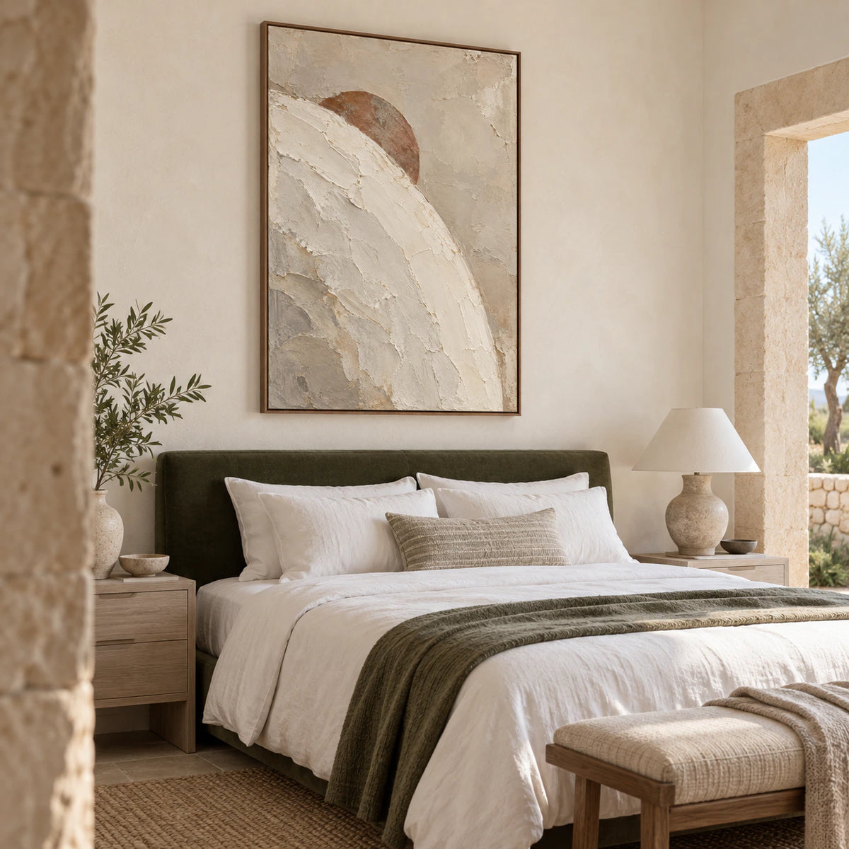 Large Sienna-Arc painting as the focal point of a quiet, light-filled bedroom.