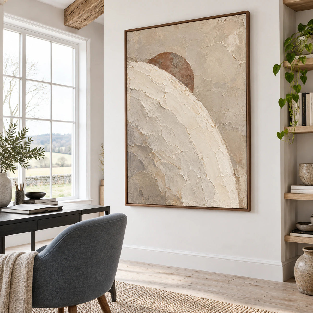 Large Sienna-Arc painting in an airy reading and home office space.