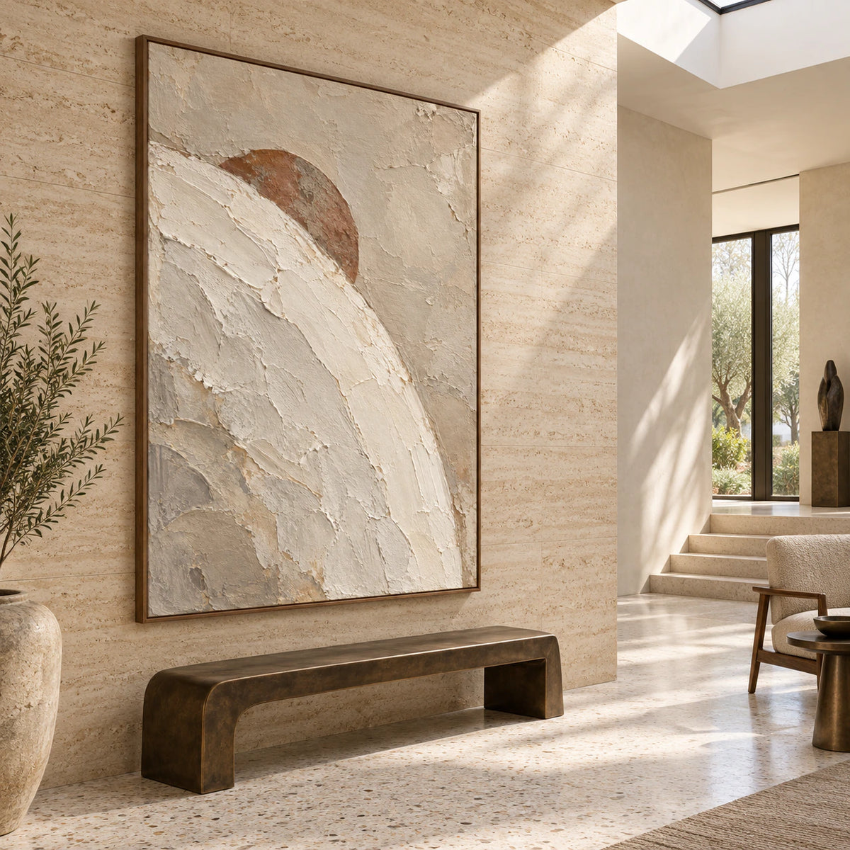 Gallery-scale Sienna-Arc painting in a luminous stone-lined foyer.