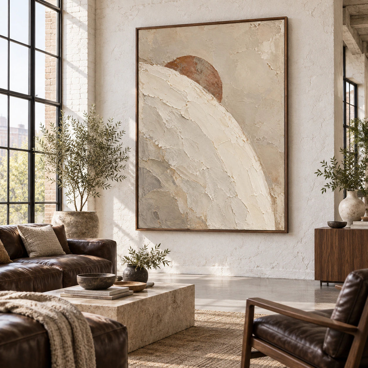 Large Sienna-Arc painting anchoring an open, daylight-filled hospitality loft interior.