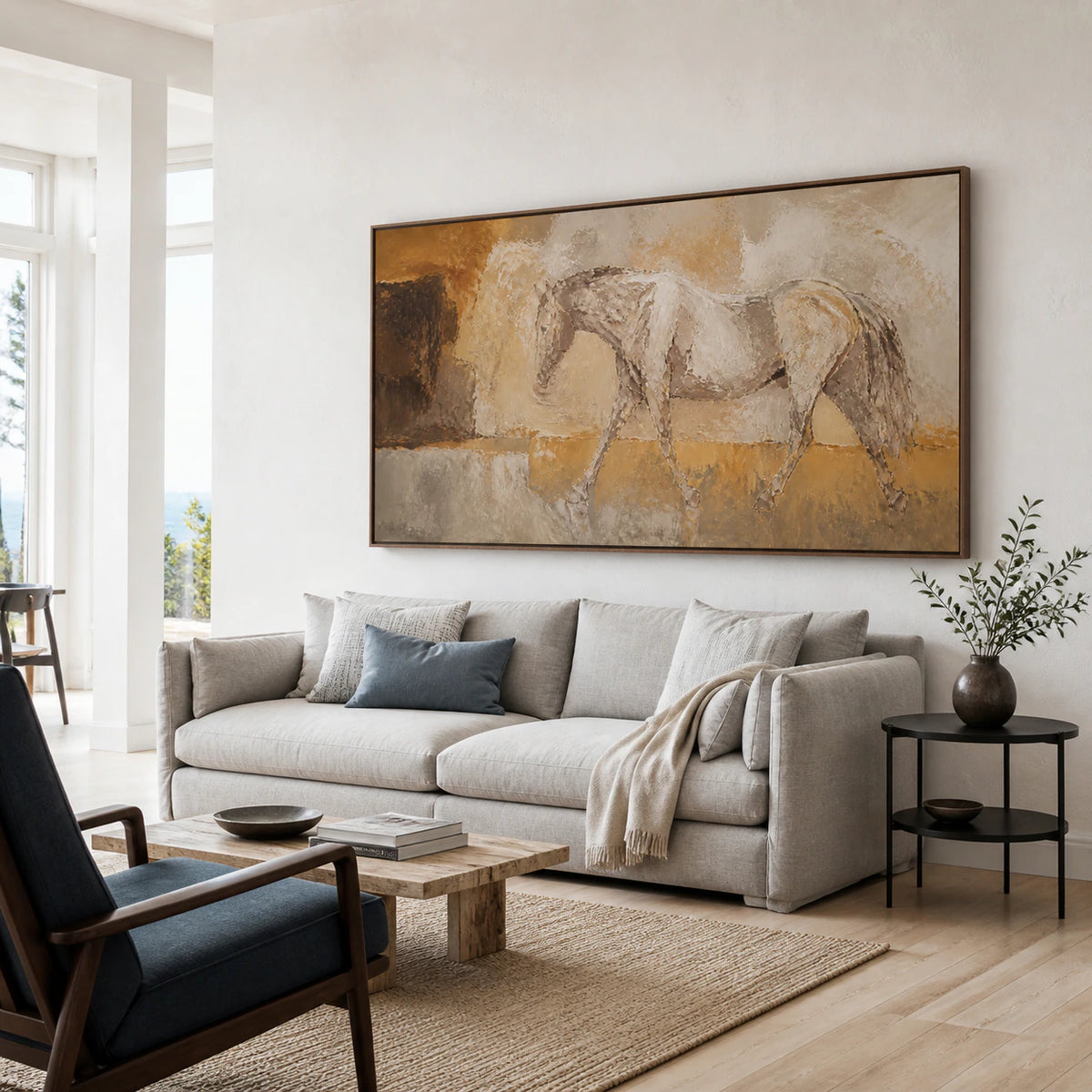 Bright living room centered on the Sienna-Canter horse painting.