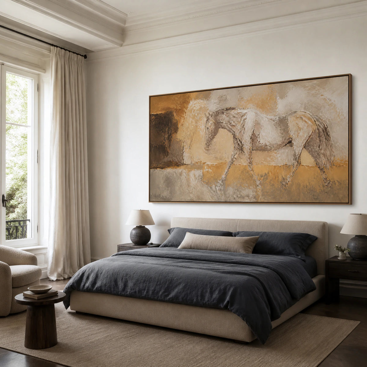 Quiet bedroom with Sienna-Canter as the principal artwork.