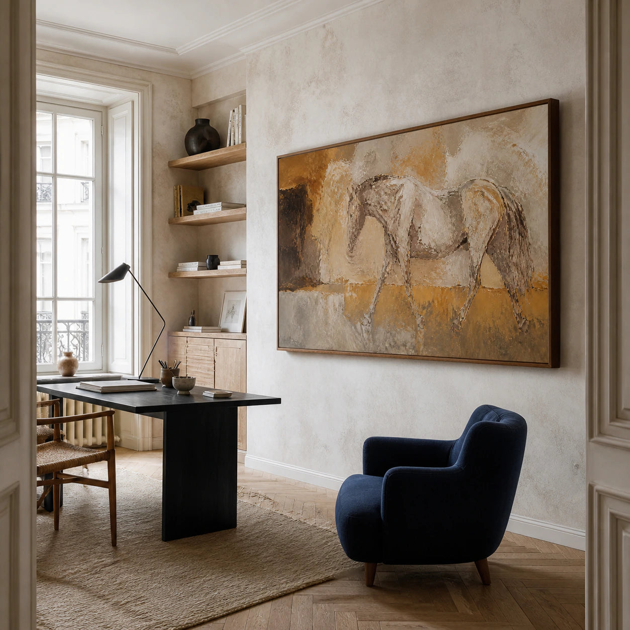 Airy reading space anchored by the Sienna-Canter painting.