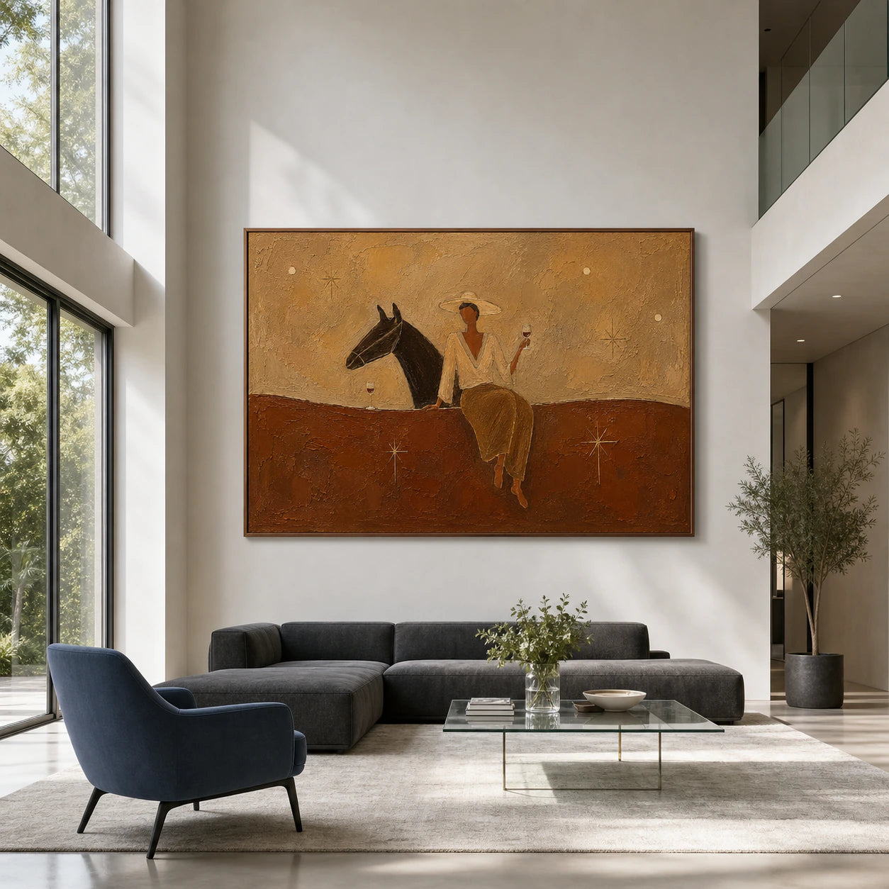 Large Sienna-Companion painting presented straight-on in a bright double-height living space with restrained graphite and blue furnishings.