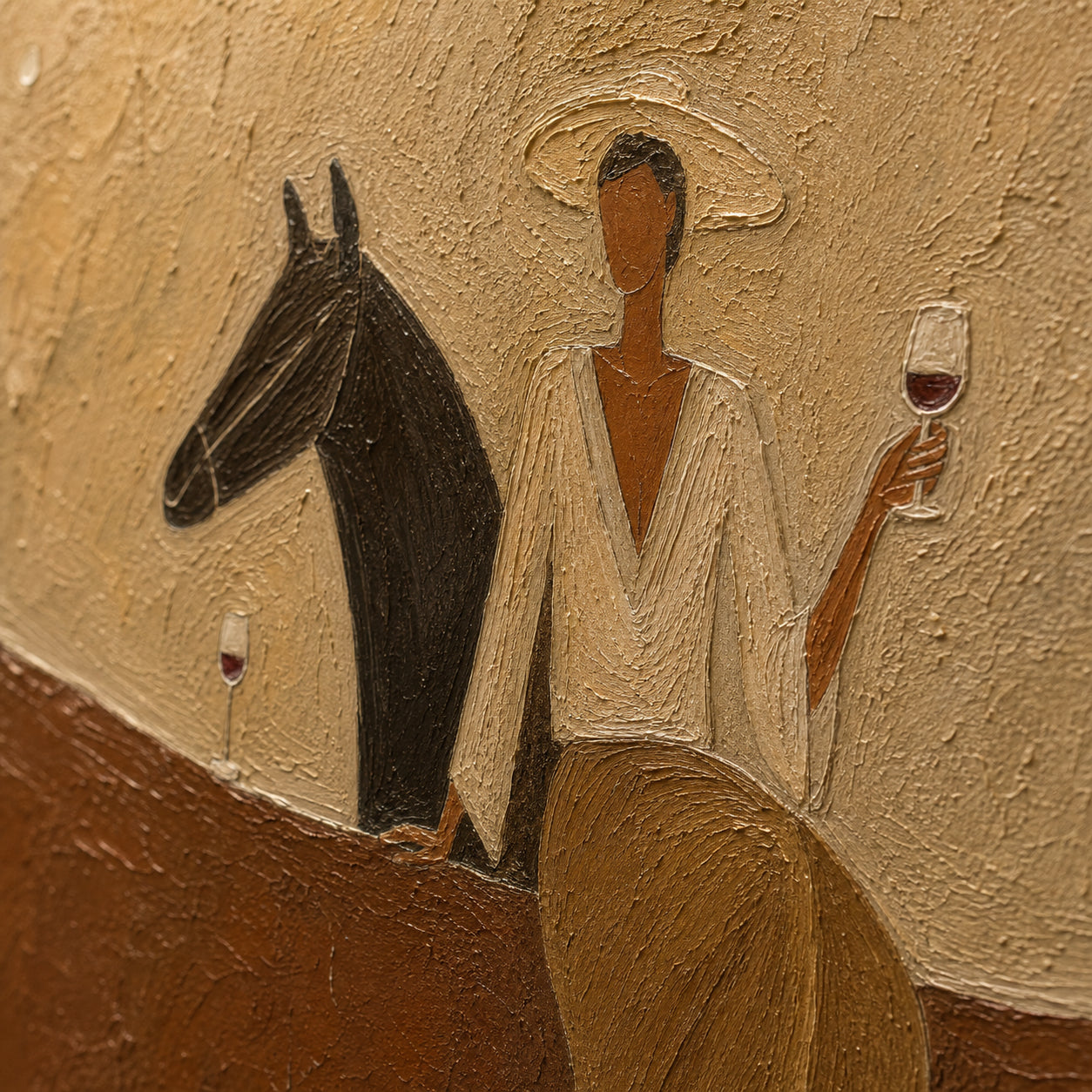 Sienna-Companion oil painting brushwork and impasto detail photographed from an oblique side angle