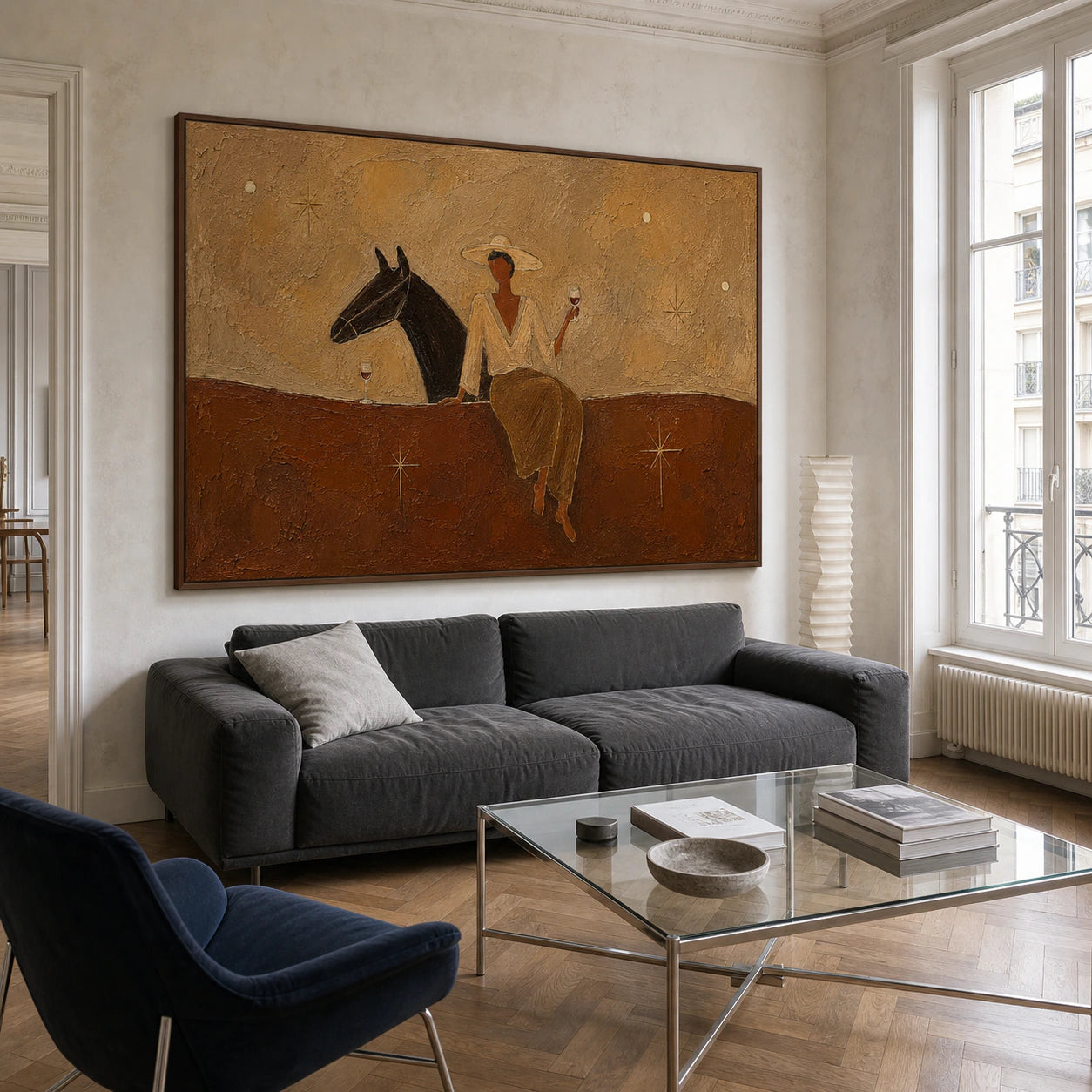 Sienna-Companion displayed at large scale above a graphite sofa in a bright, open contemporary living room.