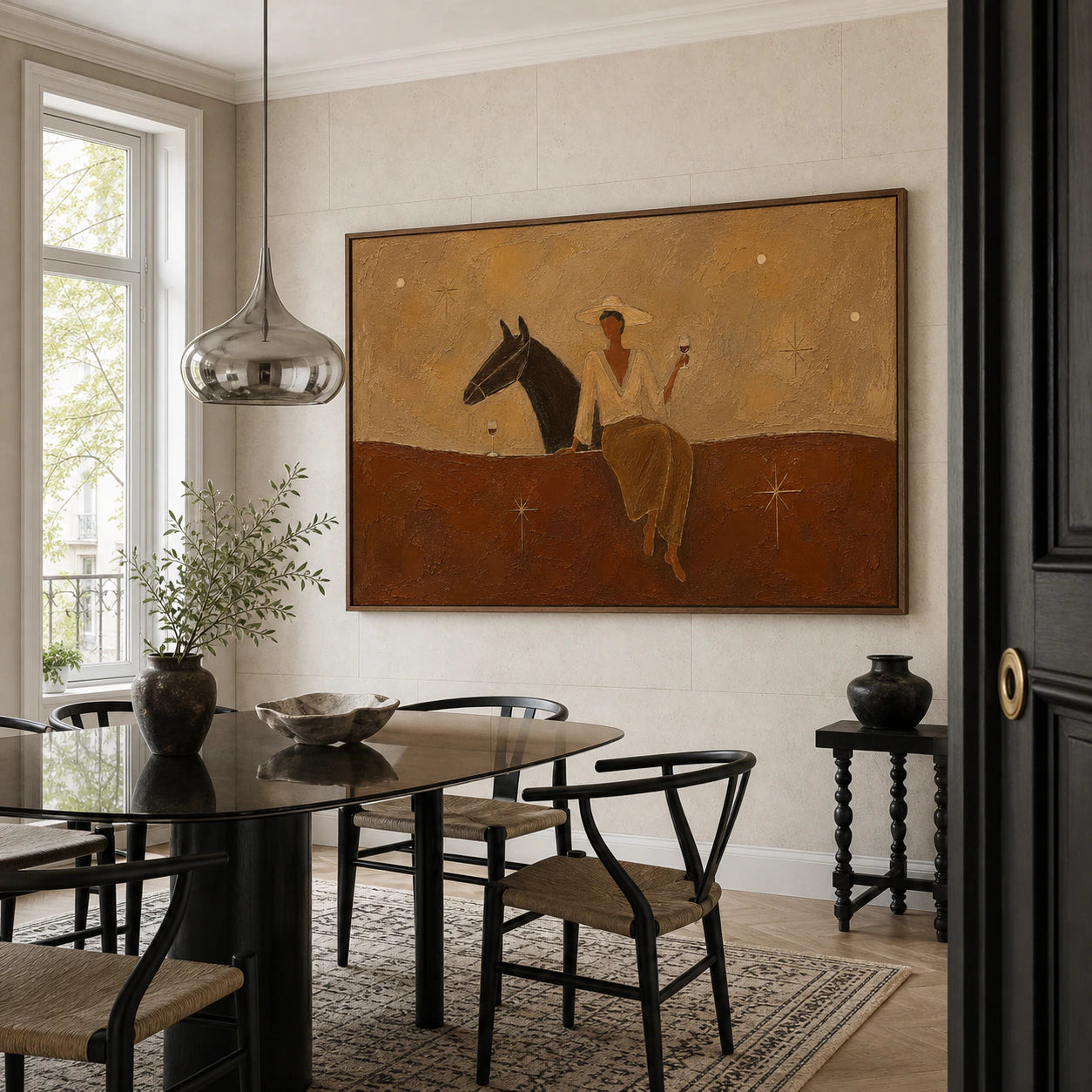 Large Sienna-Companion painting overlooking a smoked-glass table and black chairs in a refined daylight dining room.
