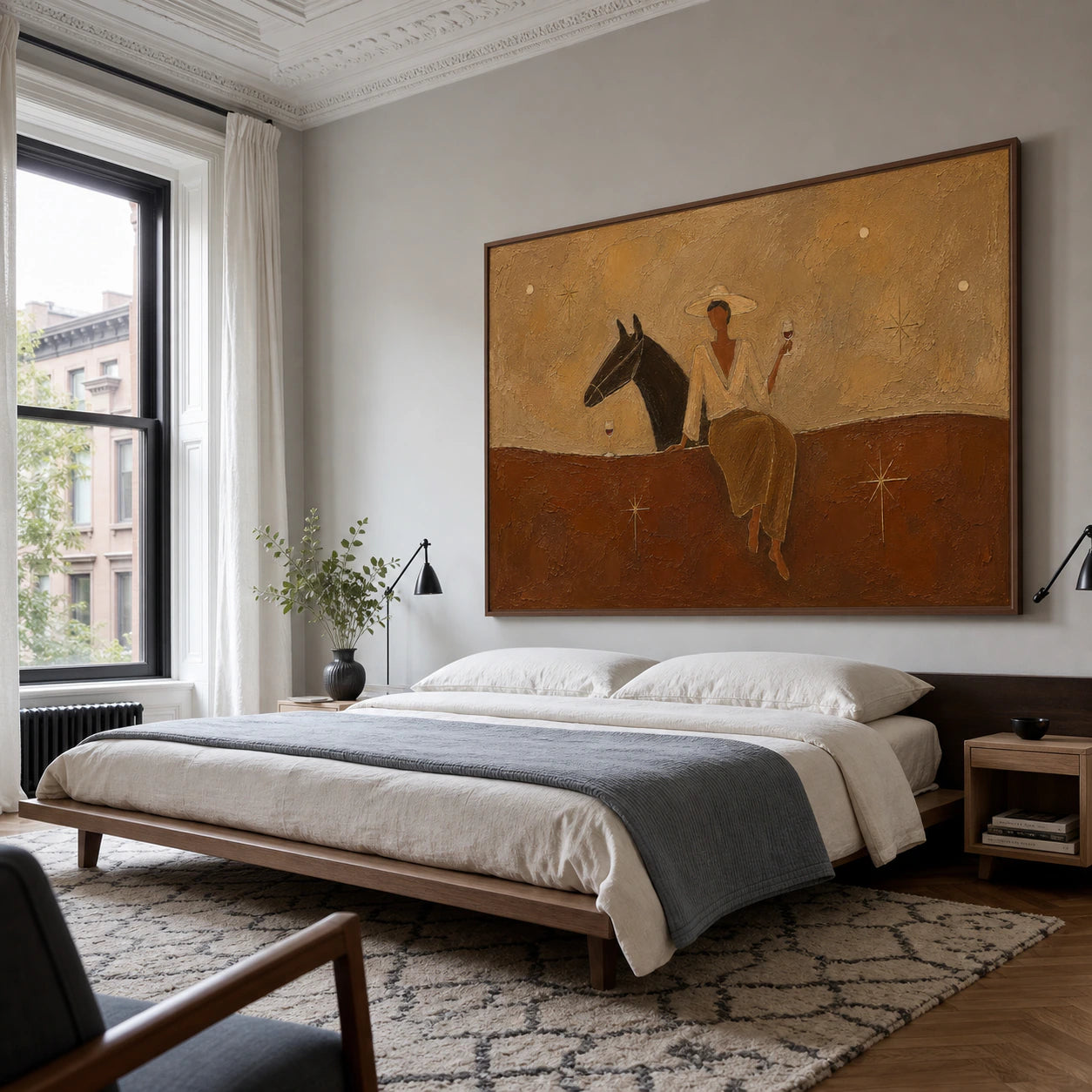 Sienna-Companion mounted above a quiet bed with white and muted-blue textiles in a softly lit bedroom.
