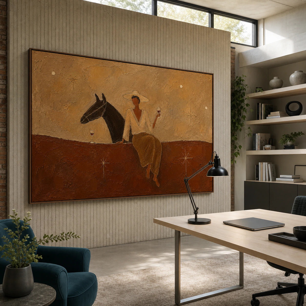 Large Sienna-Companion painting beside a pale ash desk and deep-teal reading chair in an airy home office.