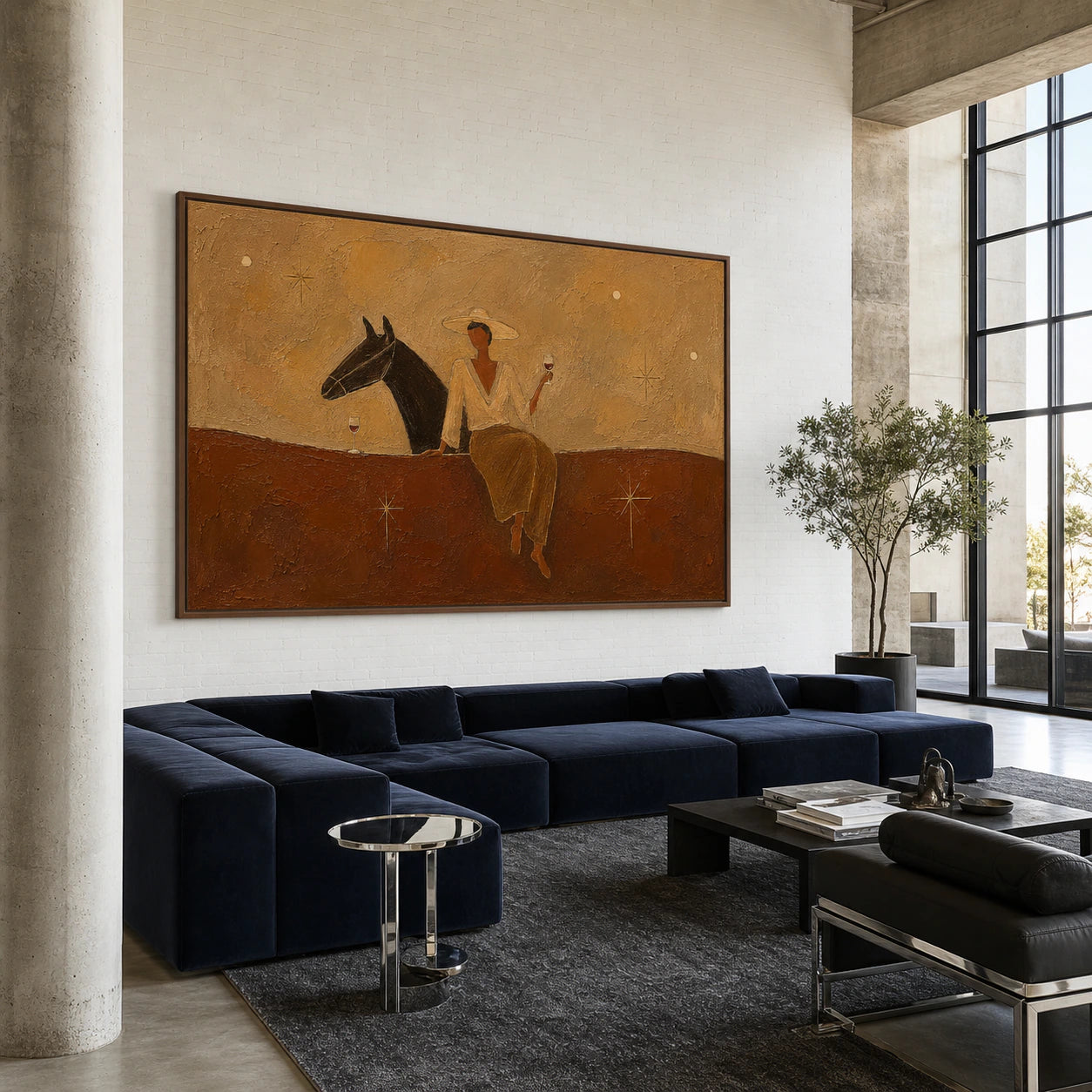 Sienna-Companion shown at impressive scale in an expansive daylight loft lounge with concrete architecture and deep-blue seating.