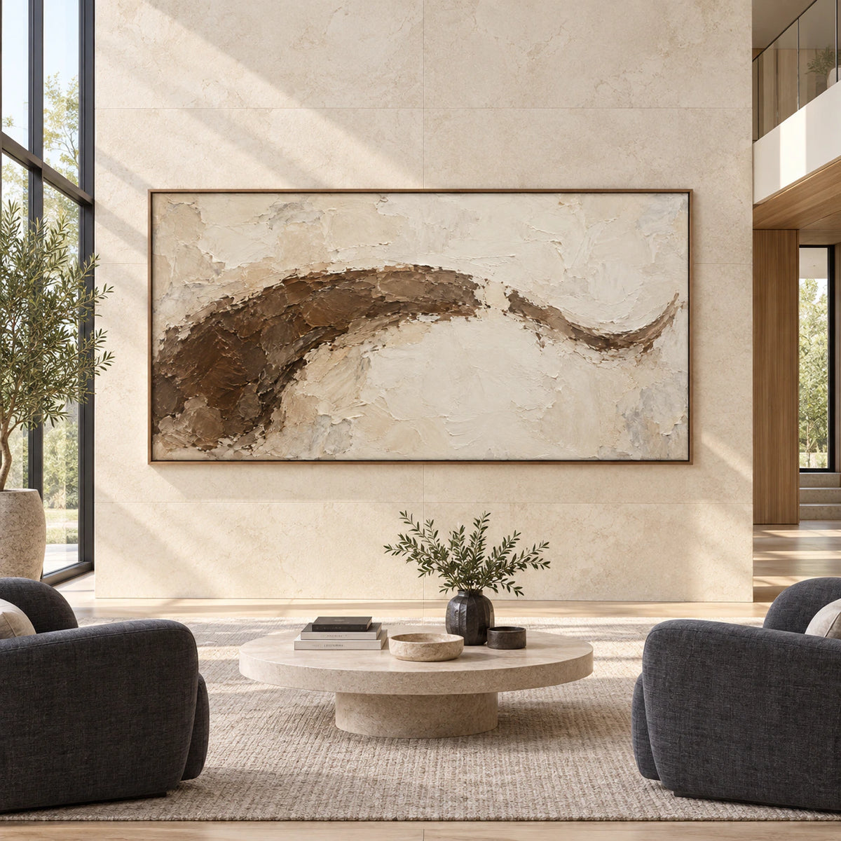 Large Sienna-Contour painting shown straight-on in a bright, expansive architectural living space.