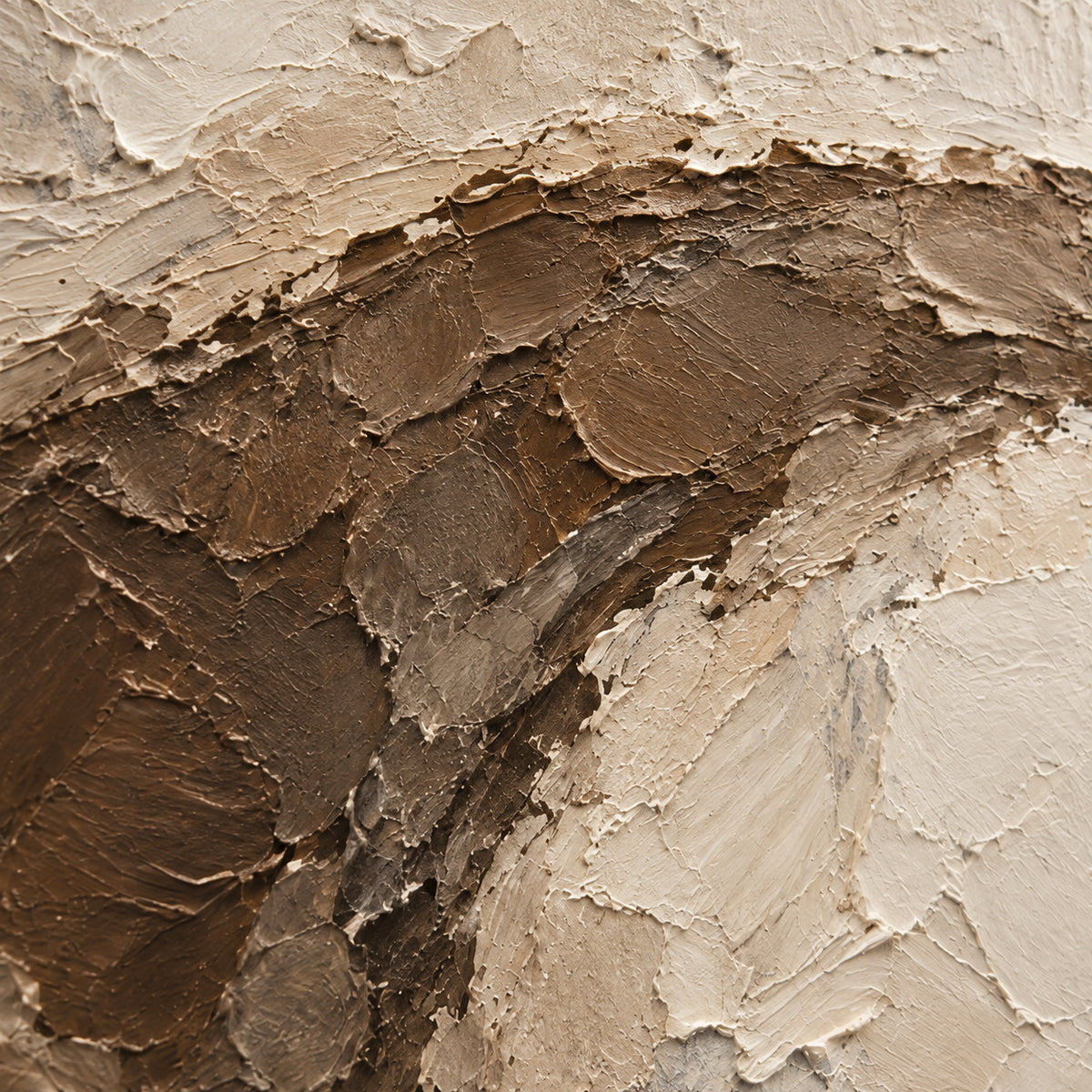 Sienna-Contour oil painting brushwork and impasto detail photographed from an oblique side angle