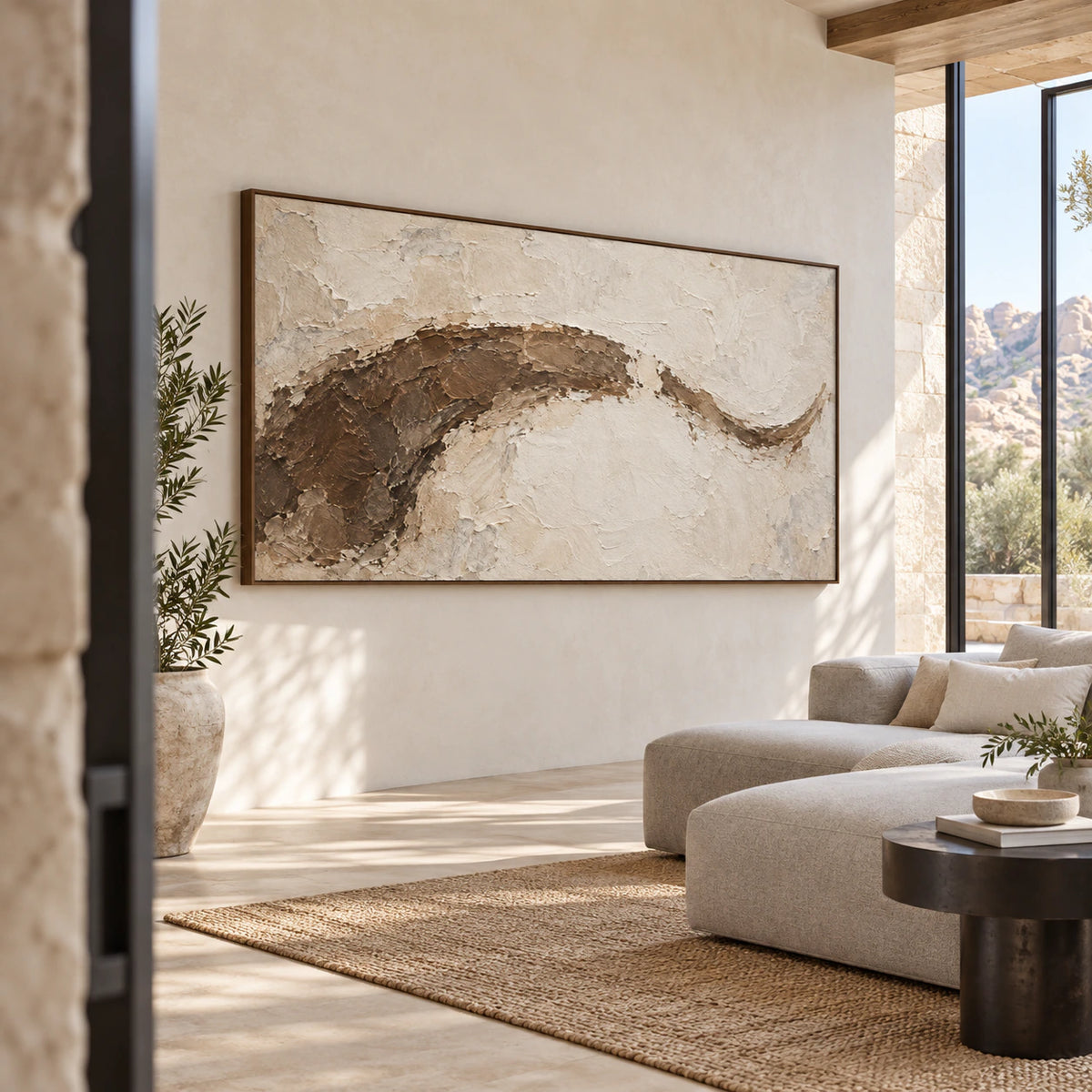 Sienna-Contour as a large focal artwork in a bright, contemporary living room.