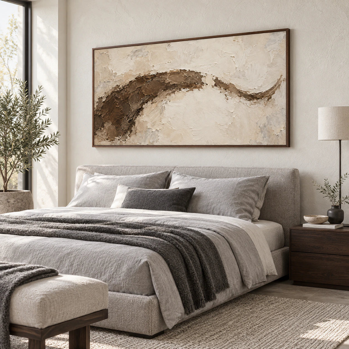 Sienna-Contour above a low bed in a quiet, airy bedroom.