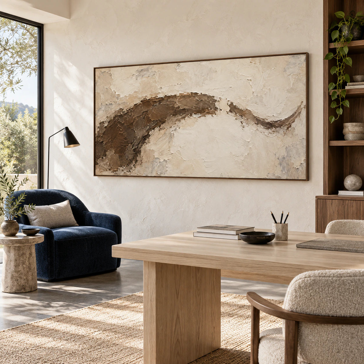 Sienna-Contour as the focal artwork in a sunlit home office reading space.