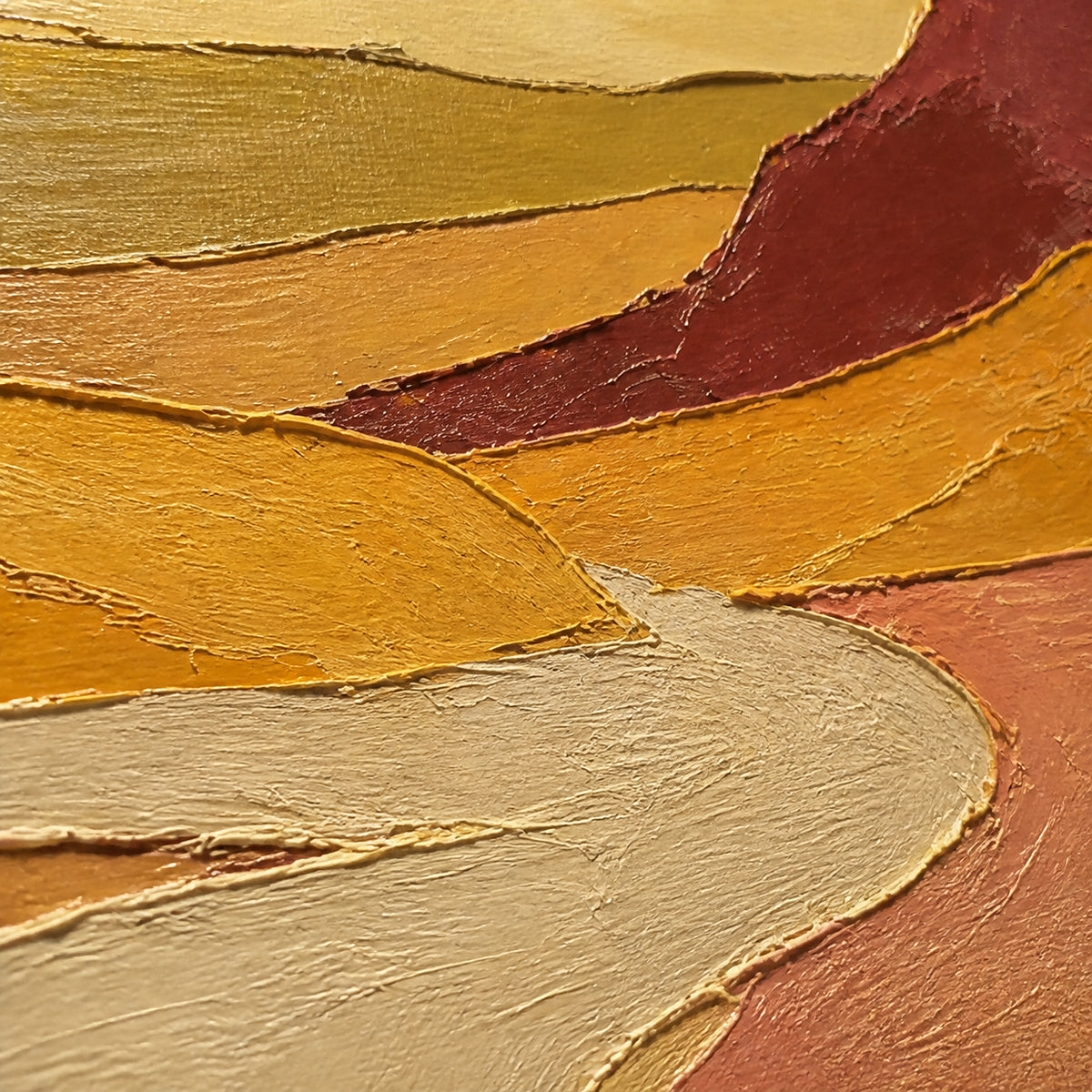 Sienna-Delta oil painting brushwork and impasto detail photographed from an oblique side angle