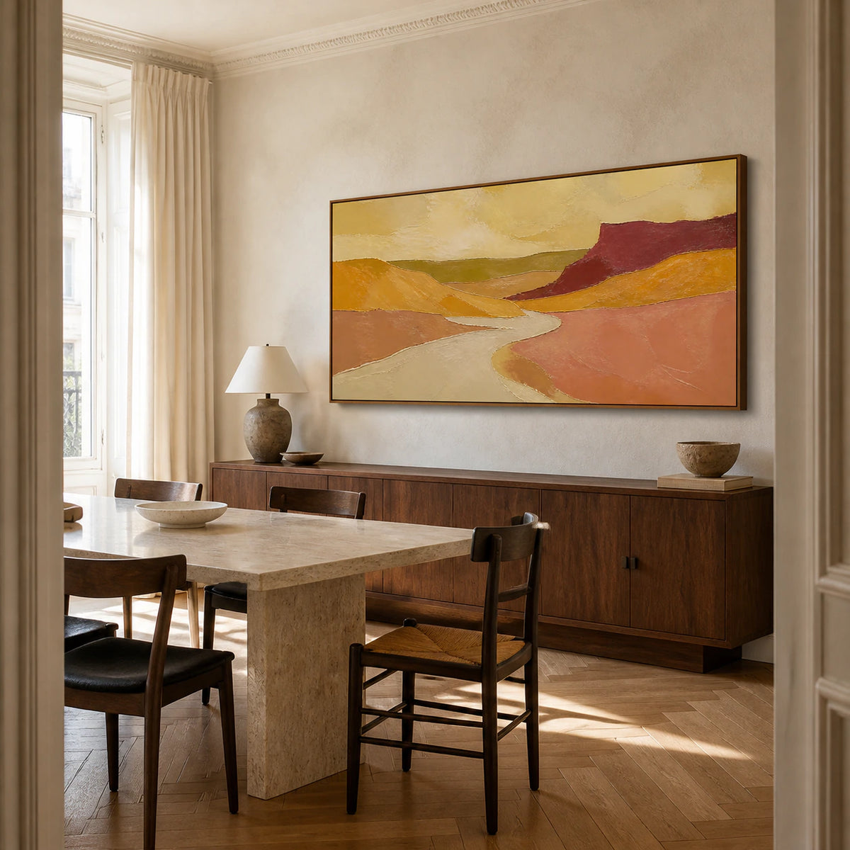 Sienna-Delta in a refined daylight dining room with sculptural furnishings.