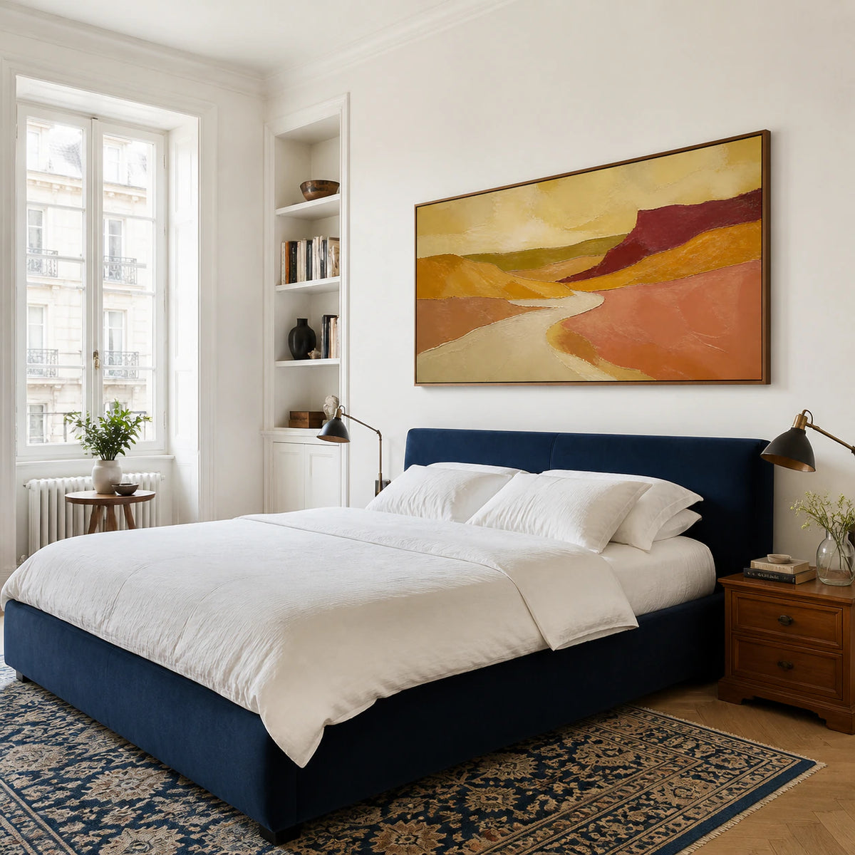 Sienna-Delta as a large focal artwork in a quiet, softly lit bedroom.