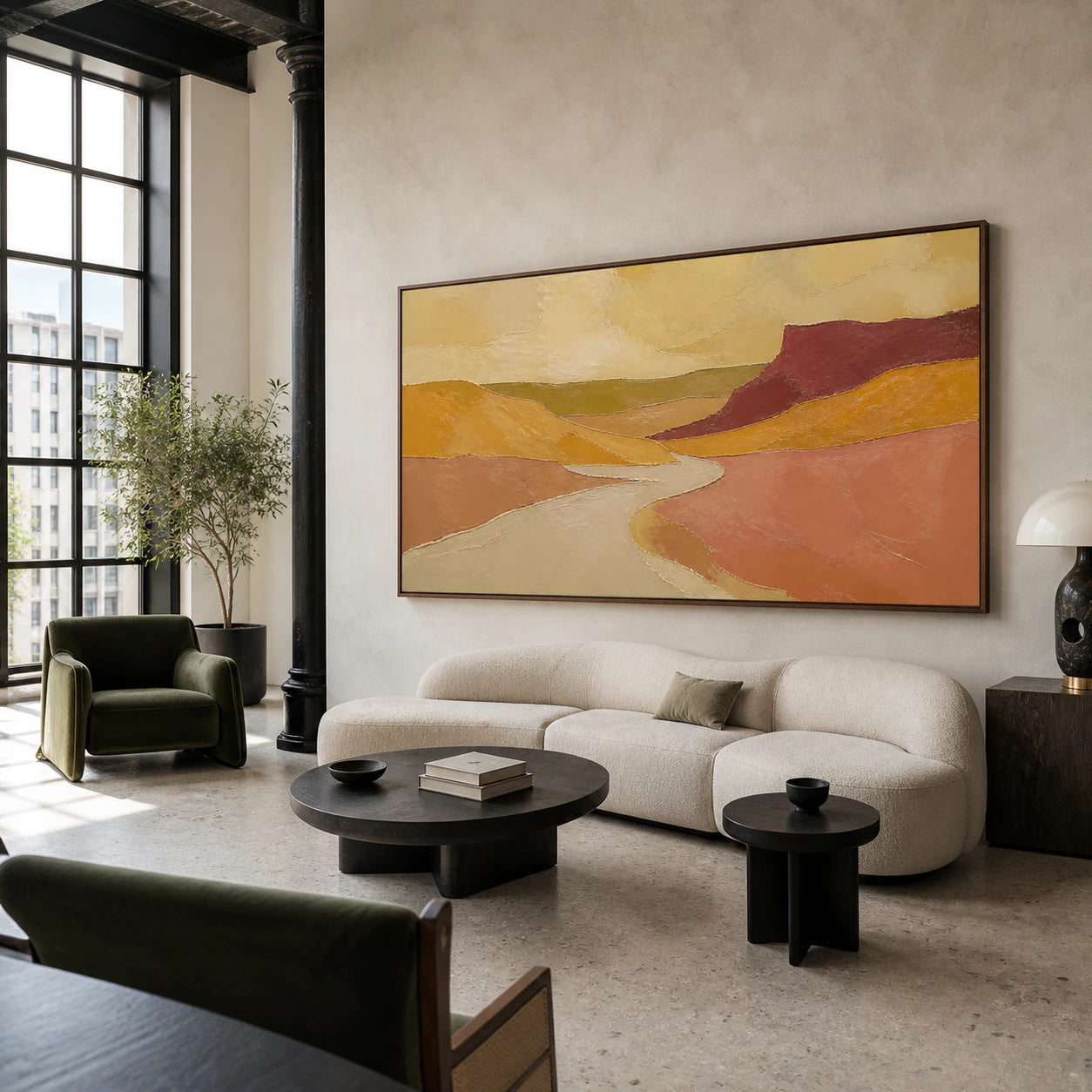 Sienna-Delta as a large focal artwork in an open hospitality loft interior.