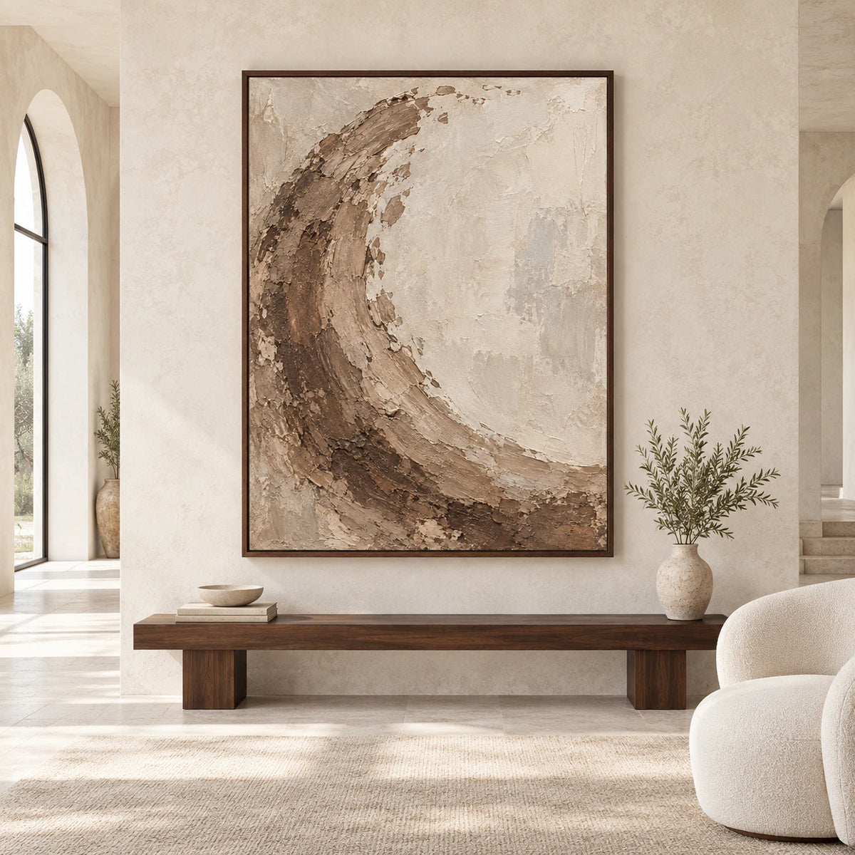 Large vertical sienna and ivory textured abstract painting displayed straight-on in a spacious architectural interior.