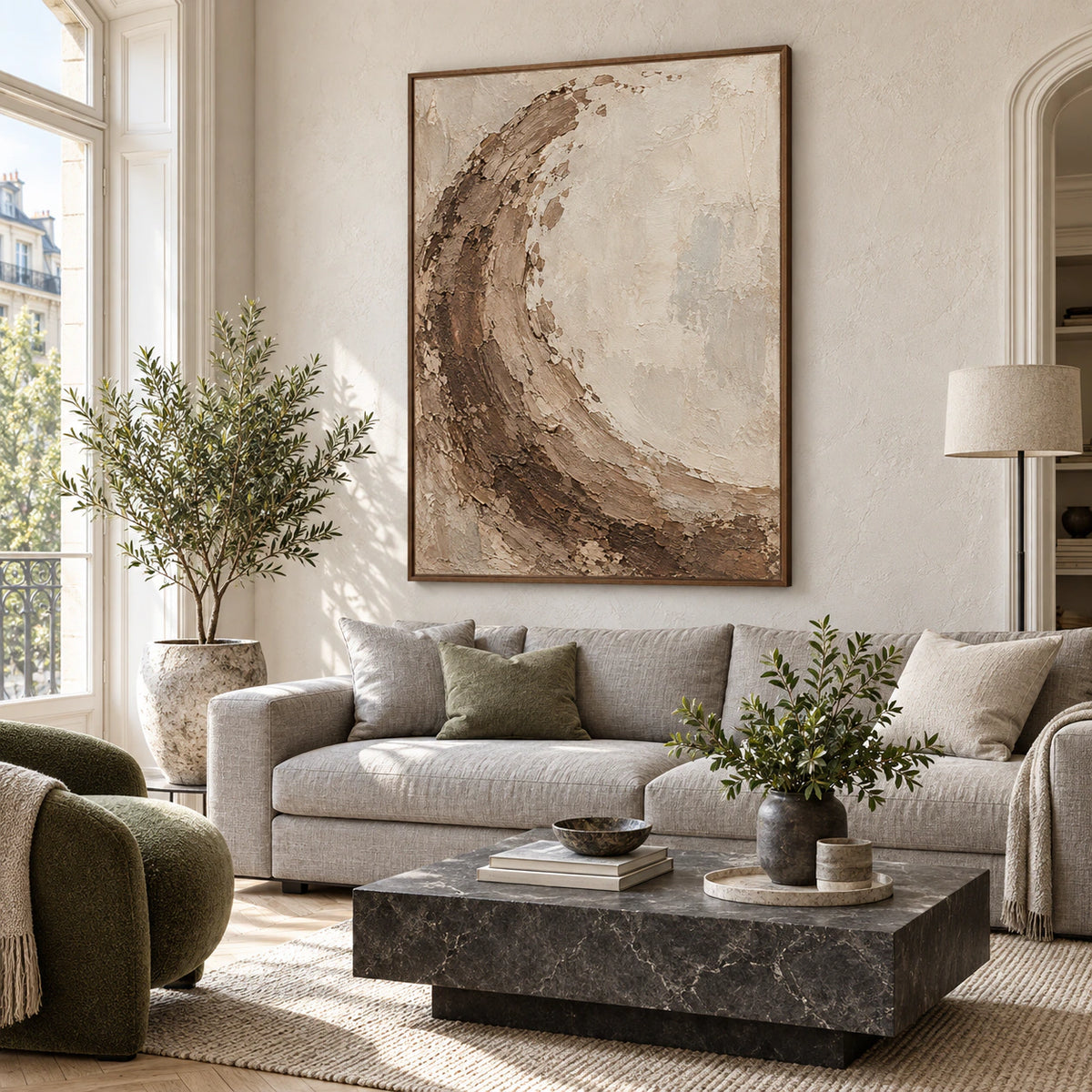 Vertical sienna and ivory textured abstract painting as the focal point of a bright living room.