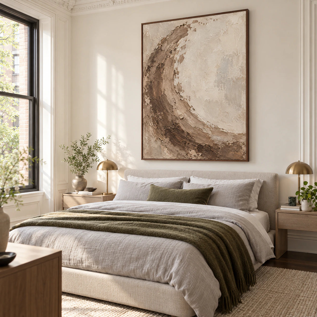Vertical sienna and ivory textured abstract painting anchoring a quiet daylight bedroom.