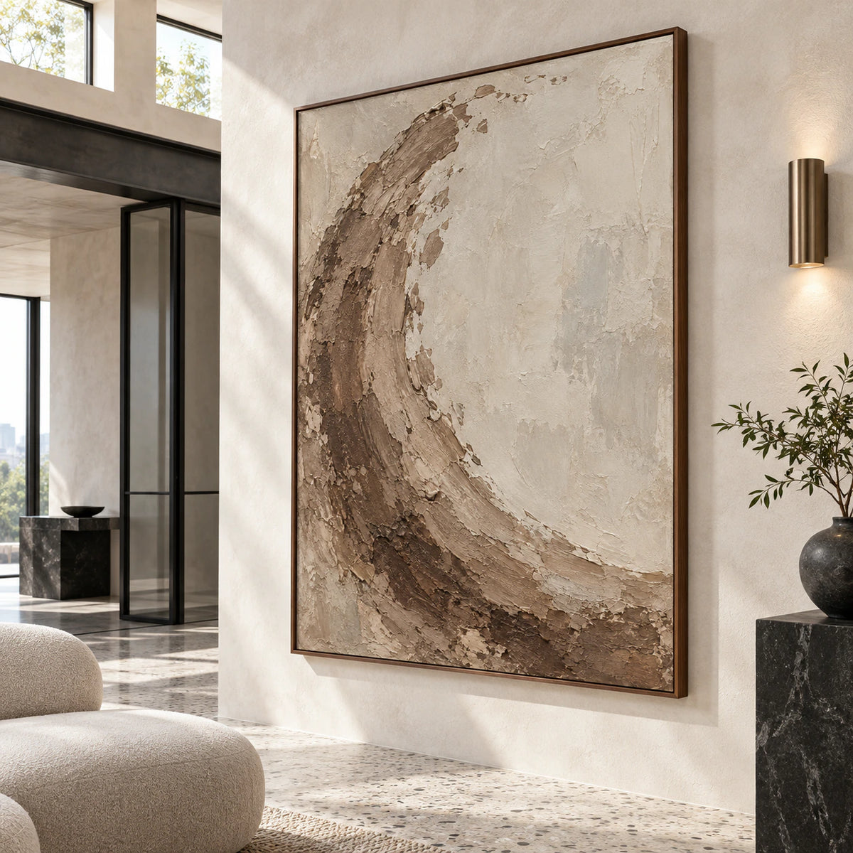 Large vertical sienna and ivory textured abstract painting in a gallery-scale foyer.