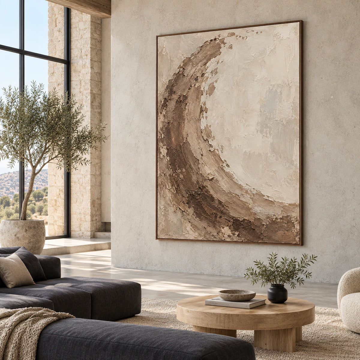 Large vertical sienna and ivory textured abstract painting in an expansive loft hospitality interior.