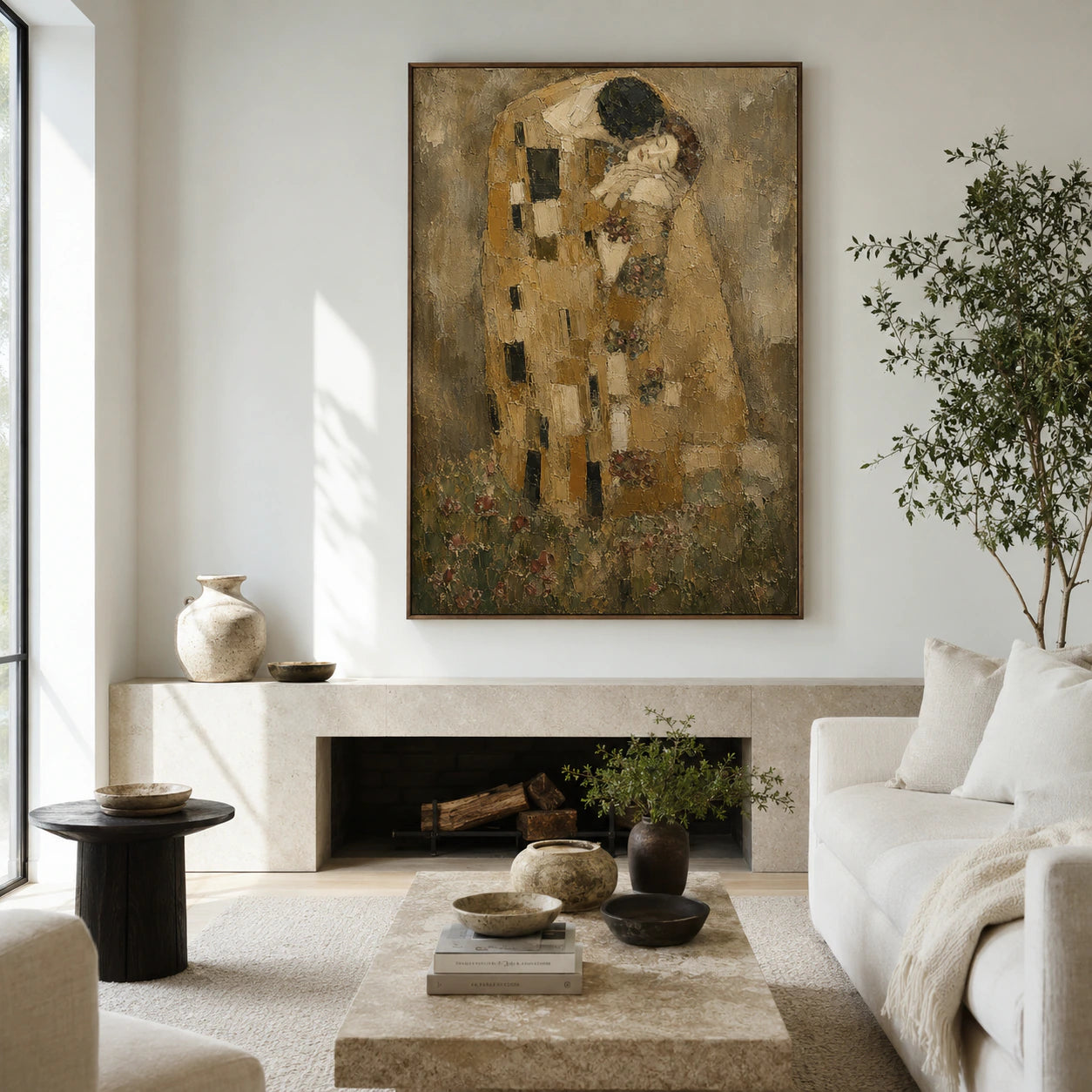 Large straight-on gallery view of Sienna-Embrace as a dominant vertical artwork in a bright architectural room.