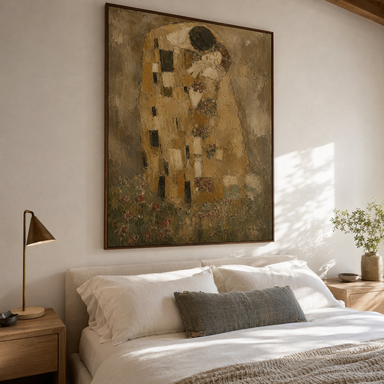 Sienna-Embrace oil painting brushwork and impasto detail photographed from an oblique side angle