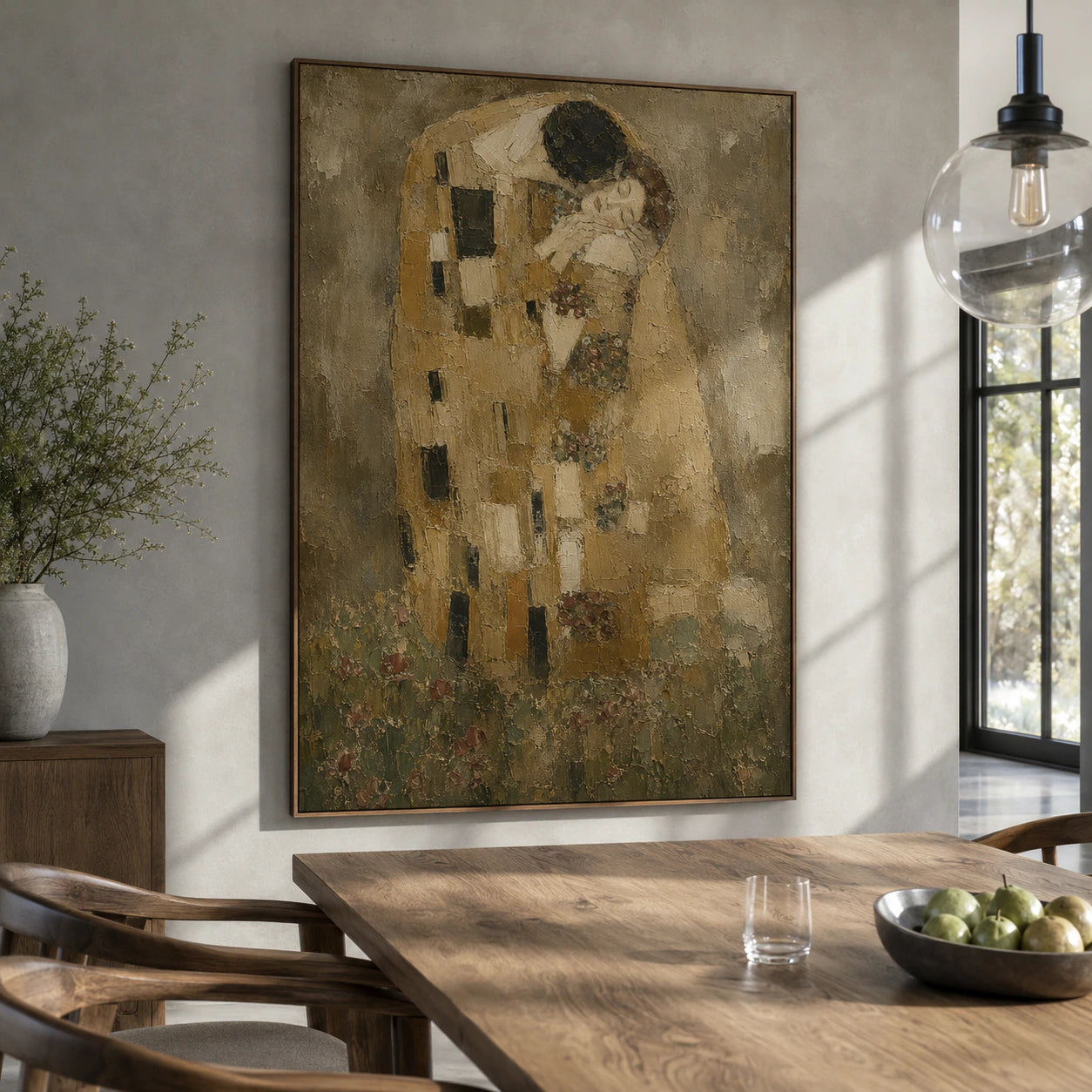 Sienna-Embrace displayed prominently above a restrained sofa in a bright living room.