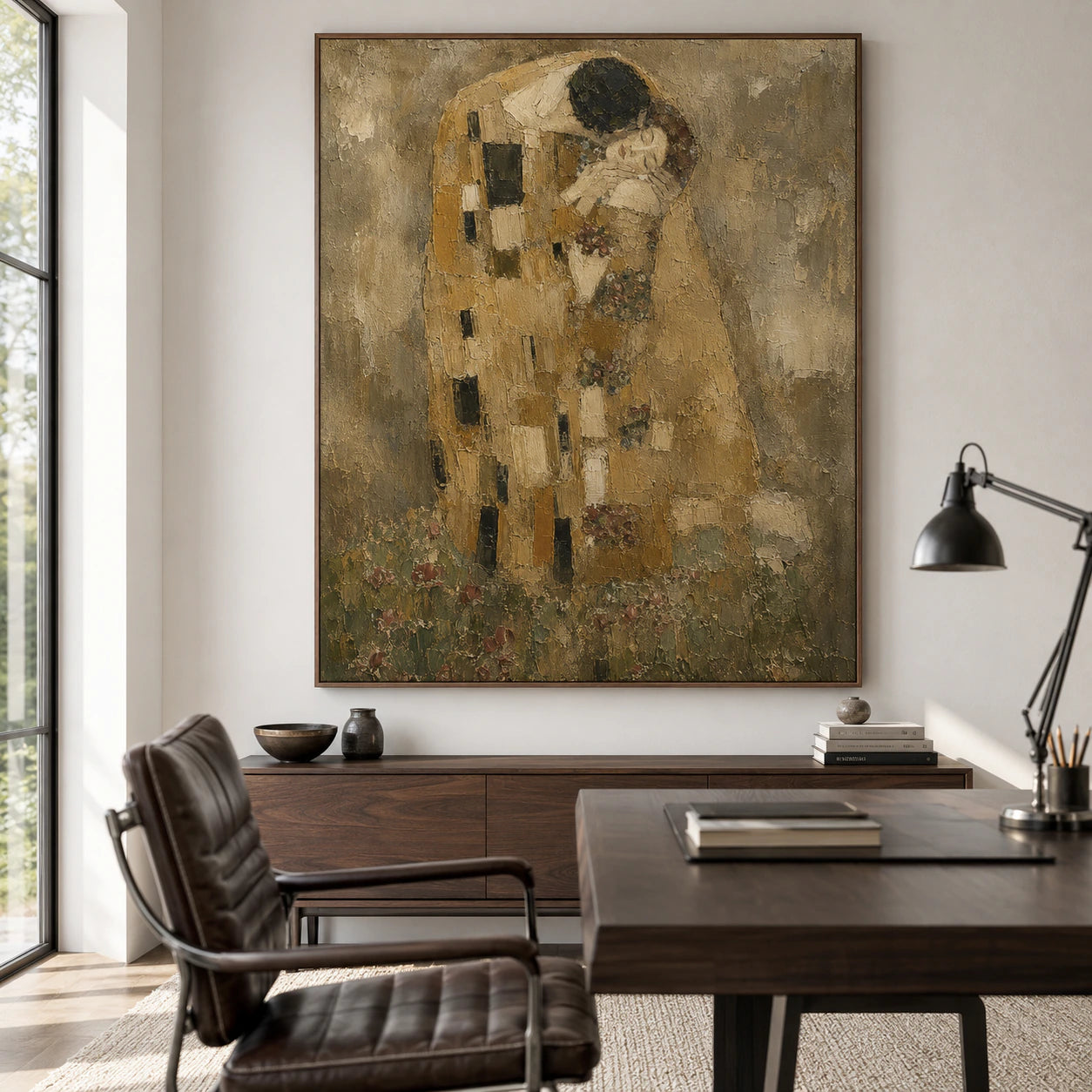 Sienna-Embrace as the focal vertical artwork in a refined daylight dining room.