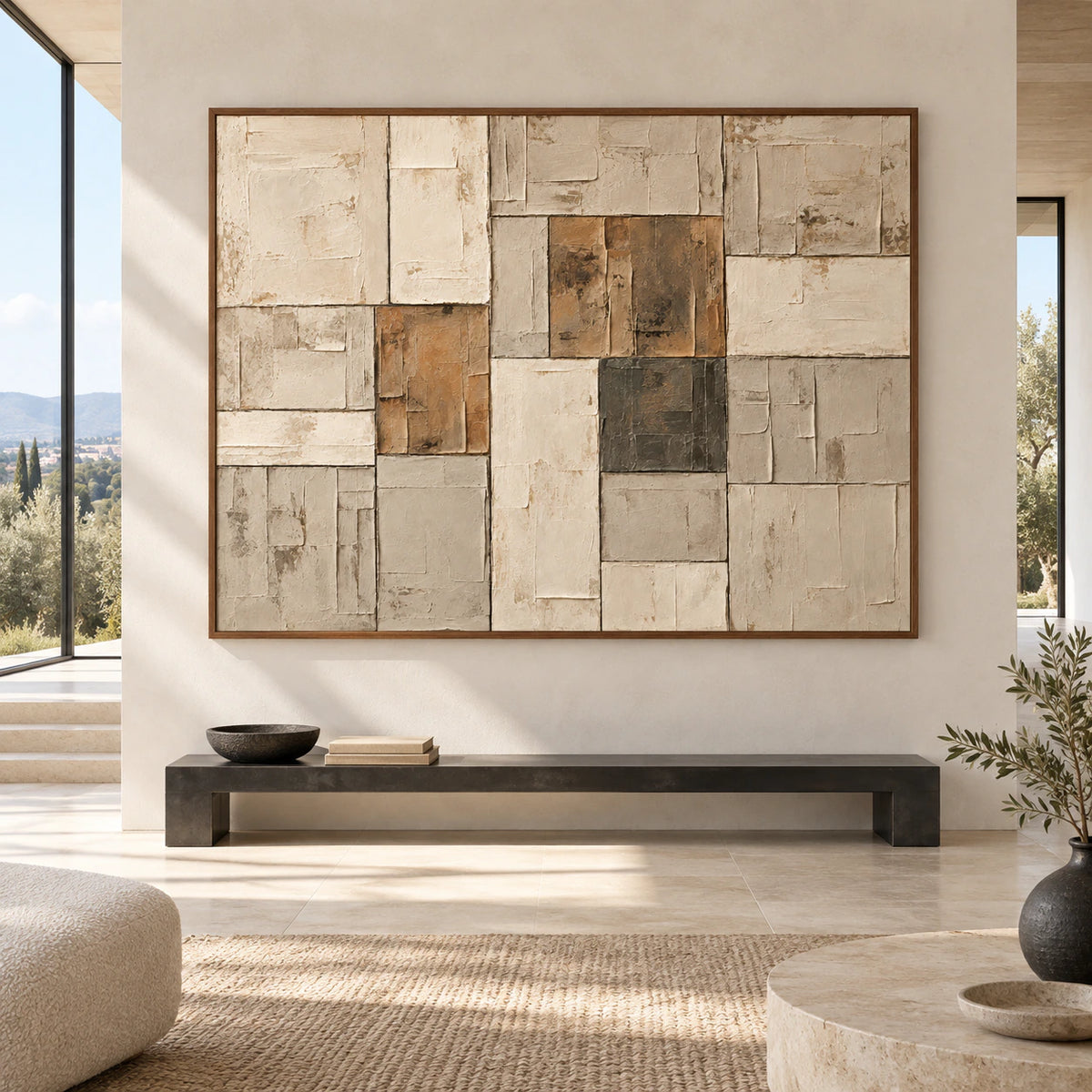 Sienna-Masonry displayed at large scale on a straight-on gallery wall in an open interior.