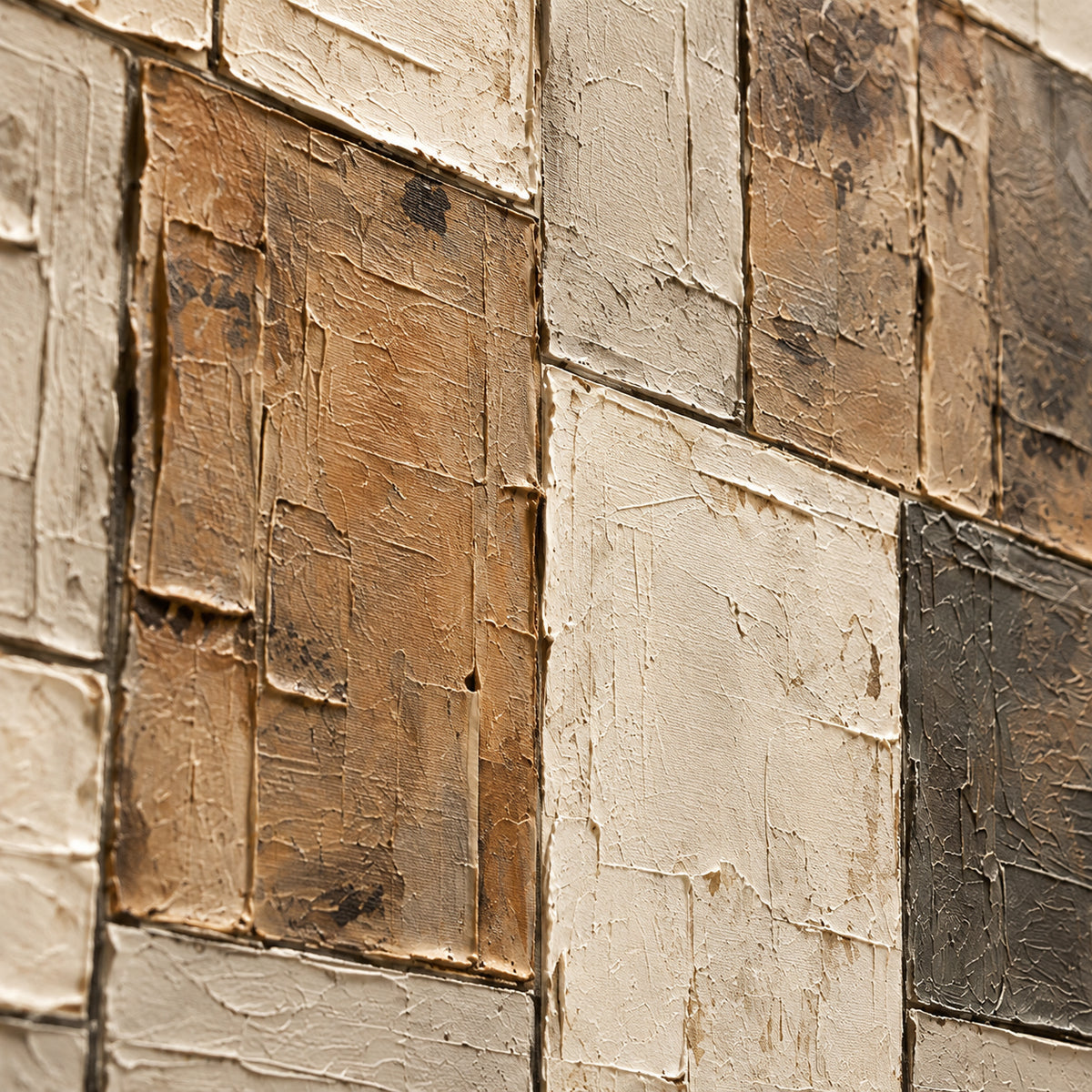 Sienna-Masonry oil painting brushwork and impasto detail photographed from an oblique side angle