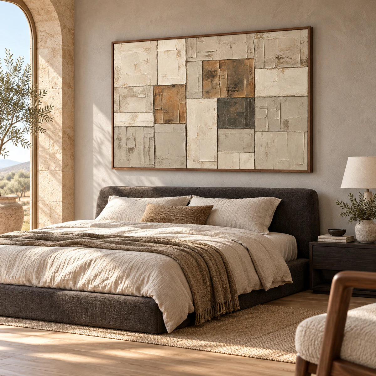Sienna-Masonry as a large focal painting in a quiet, light-filled bedroom.