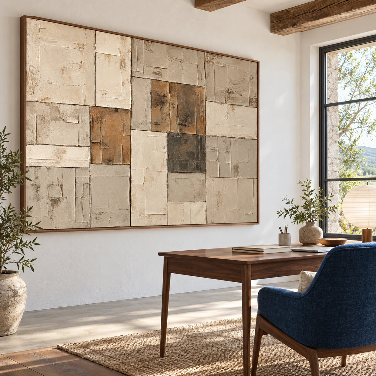 Sienna-Masonry displayed prominently in an airy home office reading space.